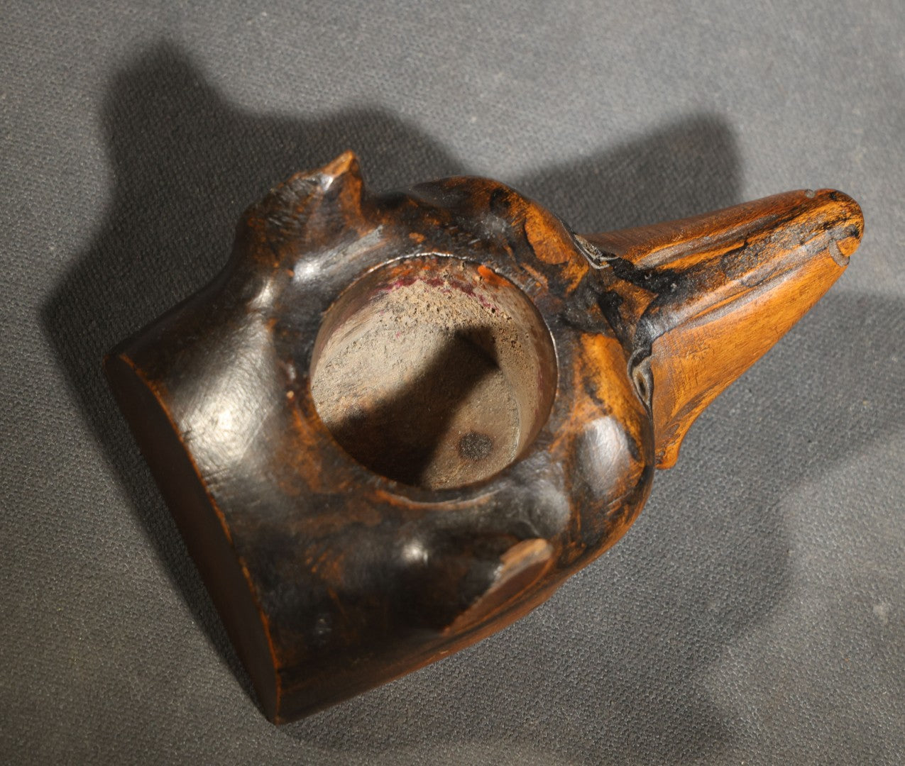 Vintage Carved Wood Dog Head Vessel with Glass Eyes