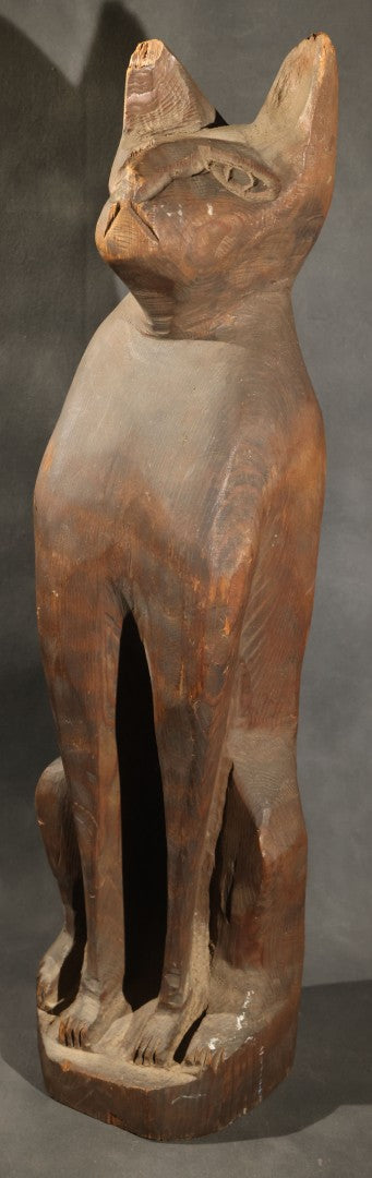 Antique Folk Art Carved Wood Seated Cat Figure, Losses to Ear Tips