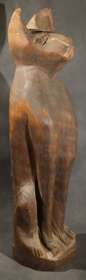 Antique Folk Art Carved Wood Seated Cat Figure, Losses to Ear Tips