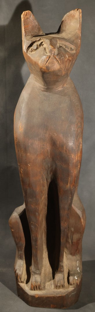 Antique Folk Art Carved Wood Seated Cat Figure, Losses to Ear Tips