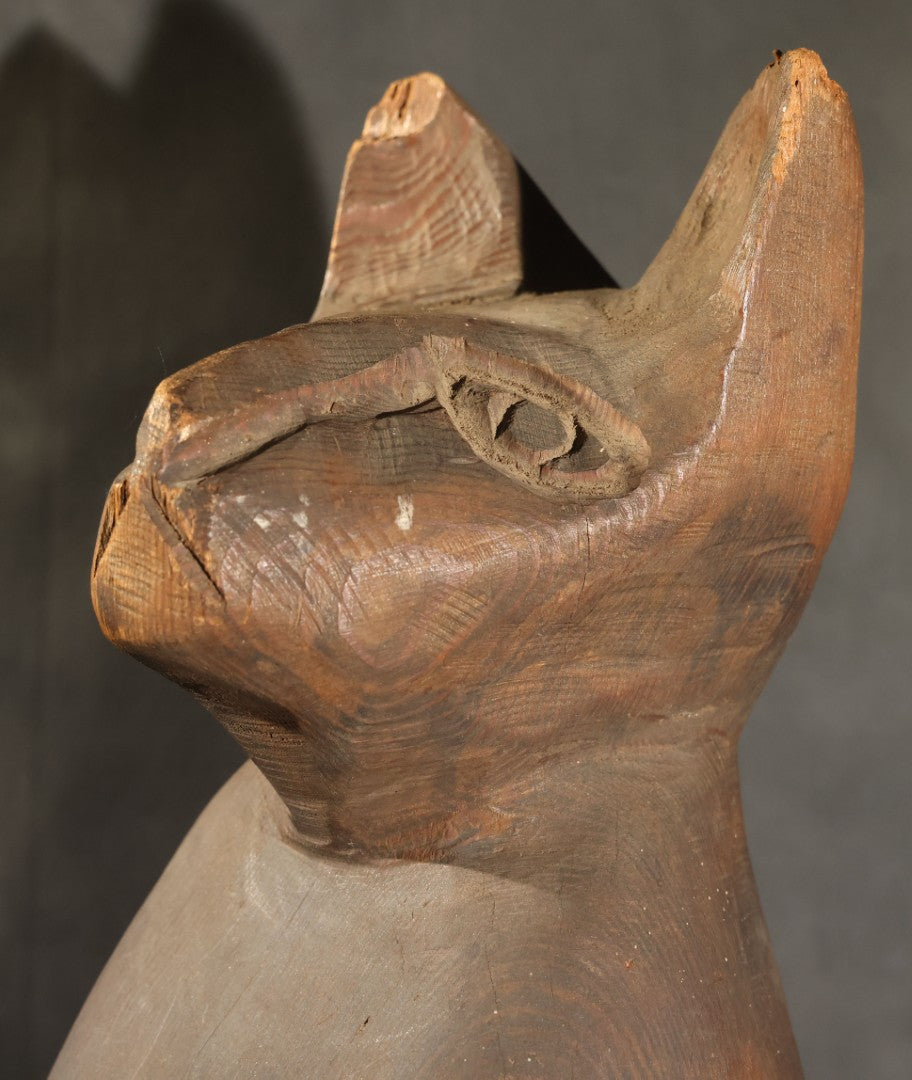Antique Folk Art Carved Wood Seated Cat Figure, Losses to Ear Tips