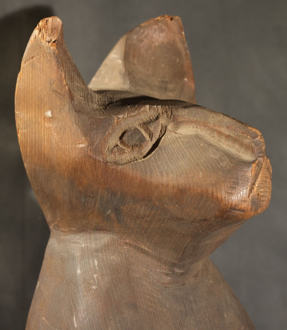 Antique Folk Art Carved Wood Seated Cat Figure, Losses to Ear Tips