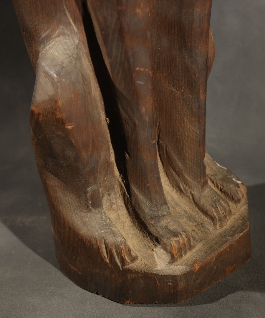 Antique Folk Art Carved Wood Seated Cat Figure, Losses to Ear Tips
