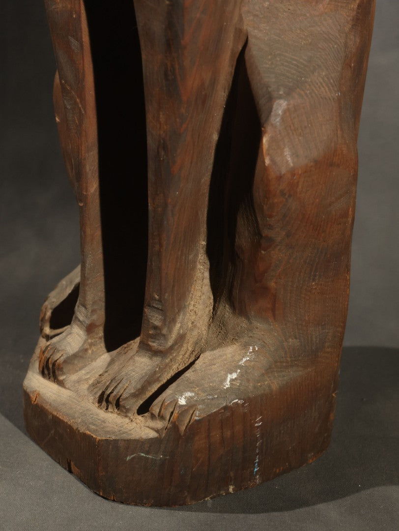 Antique Folk Art Carved Wood Seated Cat Figure, Losses to Ear Tips