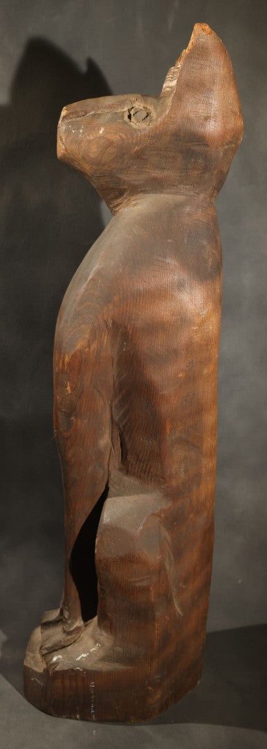 Antique Folk Art Carved Wood Seated Cat Figure, Losses to Ear Tips