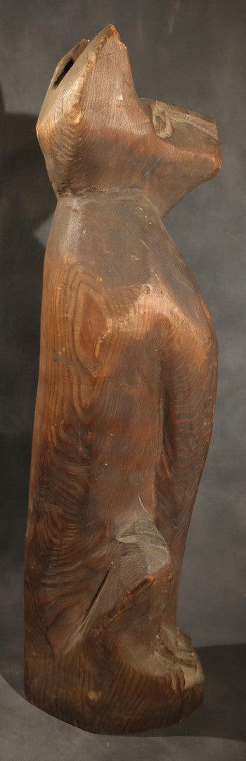 Antique Folk Art Carved Wood Seated Cat Figure, Losses to Ear Tips