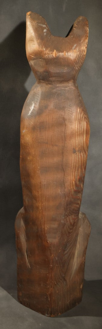 Antique Folk Art Carved Wood Seated Cat Figure, Losses to Ear Tips
