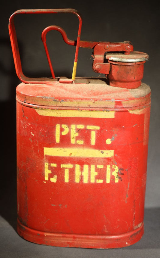 Vintage "Pet. Ether" (Petroleum Ether) Stenciled Red Metal Safety Fuel Can, No. 883, Manufactured by Protectoseal Co., Chicago, Illinois