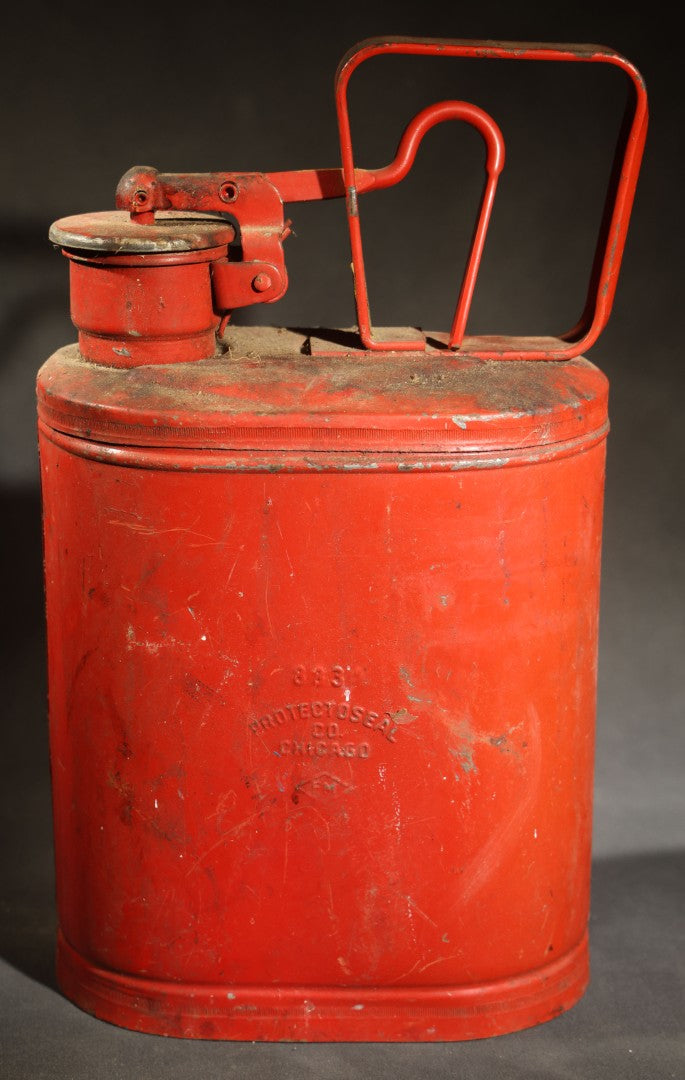Vintage "Pet. Ether" (Petroleum Ether) Stenciled Red Metal Safety Fuel Can, No. 883, Manufactured by Protectoseal Co., Chicago, Illinois