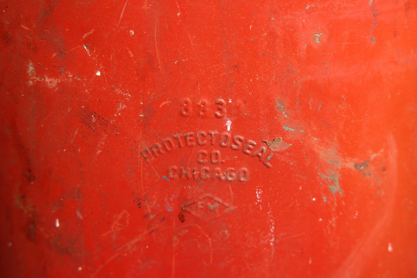 Vintage "Pet. Ether" (Petroleum Ether) Stenciled Red Metal Safety Fuel Can, No. 883, Manufactured by Protectoseal Co., Chicago, Illinois