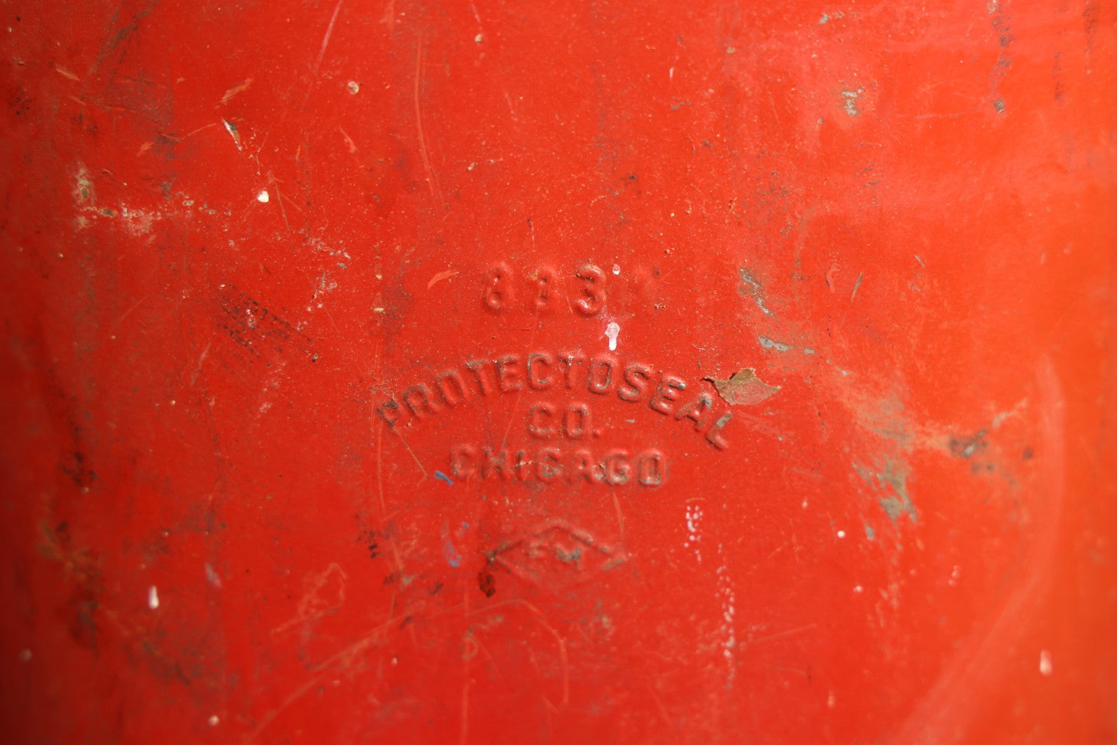 Vintage "Pet. Ether" (Petroleum Ether) Stenciled Red Metal Safety Fuel Can, No. 883, Manufactured by Protectoseal Co., Chicago, Illinois