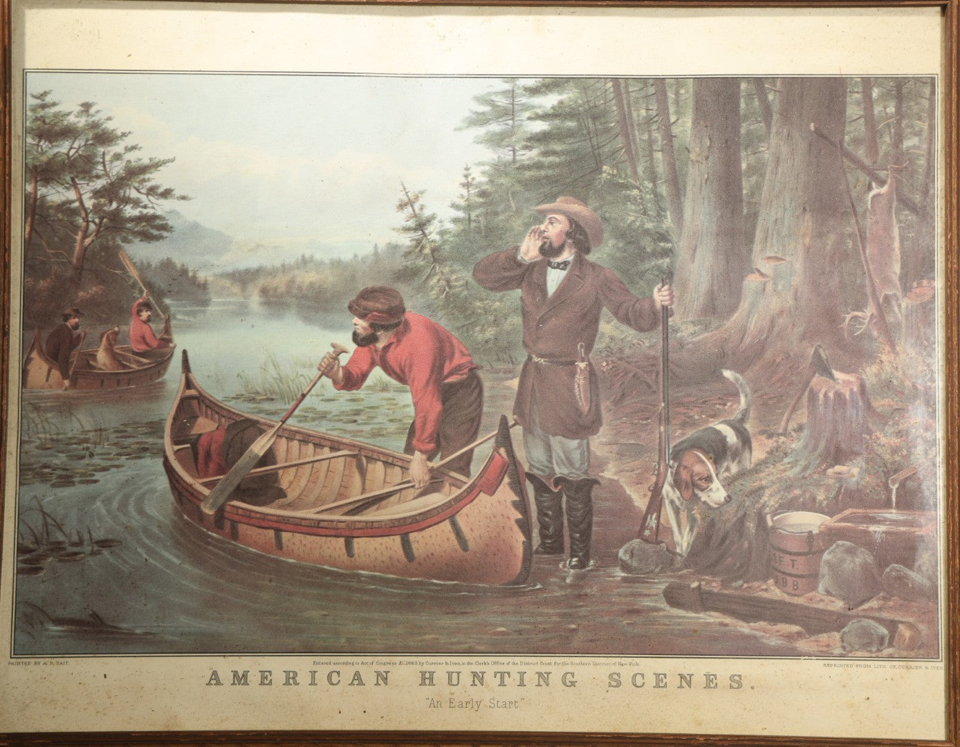 Vintage Chromolithograph Print, "American Hunting Scenes — An Early Start," After A.F. Tait, Reproduction of Currier & Ives Original, Framed