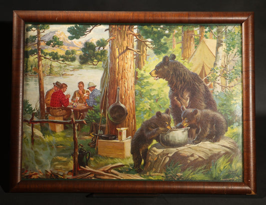 Vintage Chromolithograph Print, "Watching the Wrong Pot," Signed Watson, Framed, Bear Family Raiding a Campsite