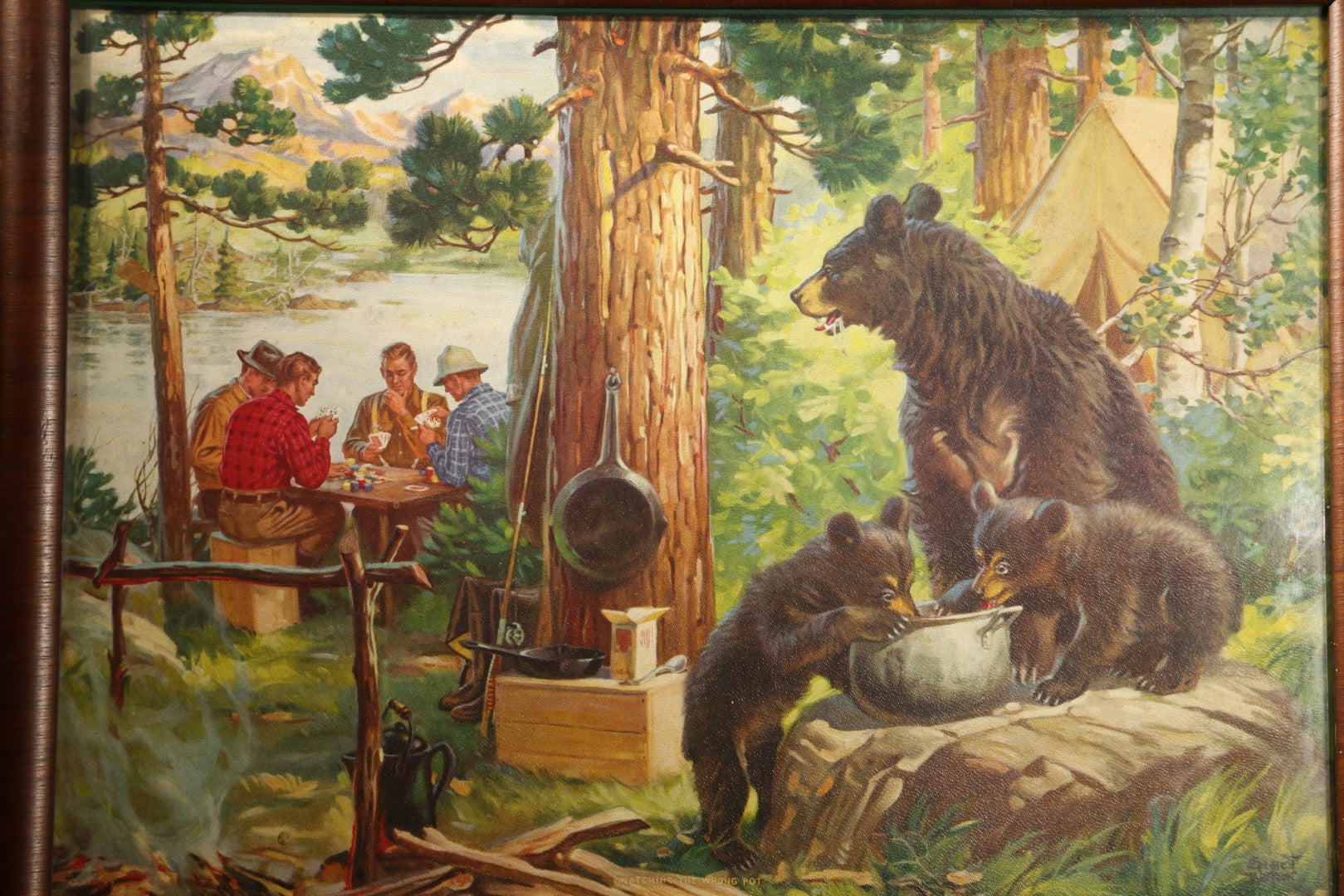 Vintage Chromolithograph Print, "Watching the Wrong Pot," Signed Watson, Framed, Bear Family Raiding a Campsite
