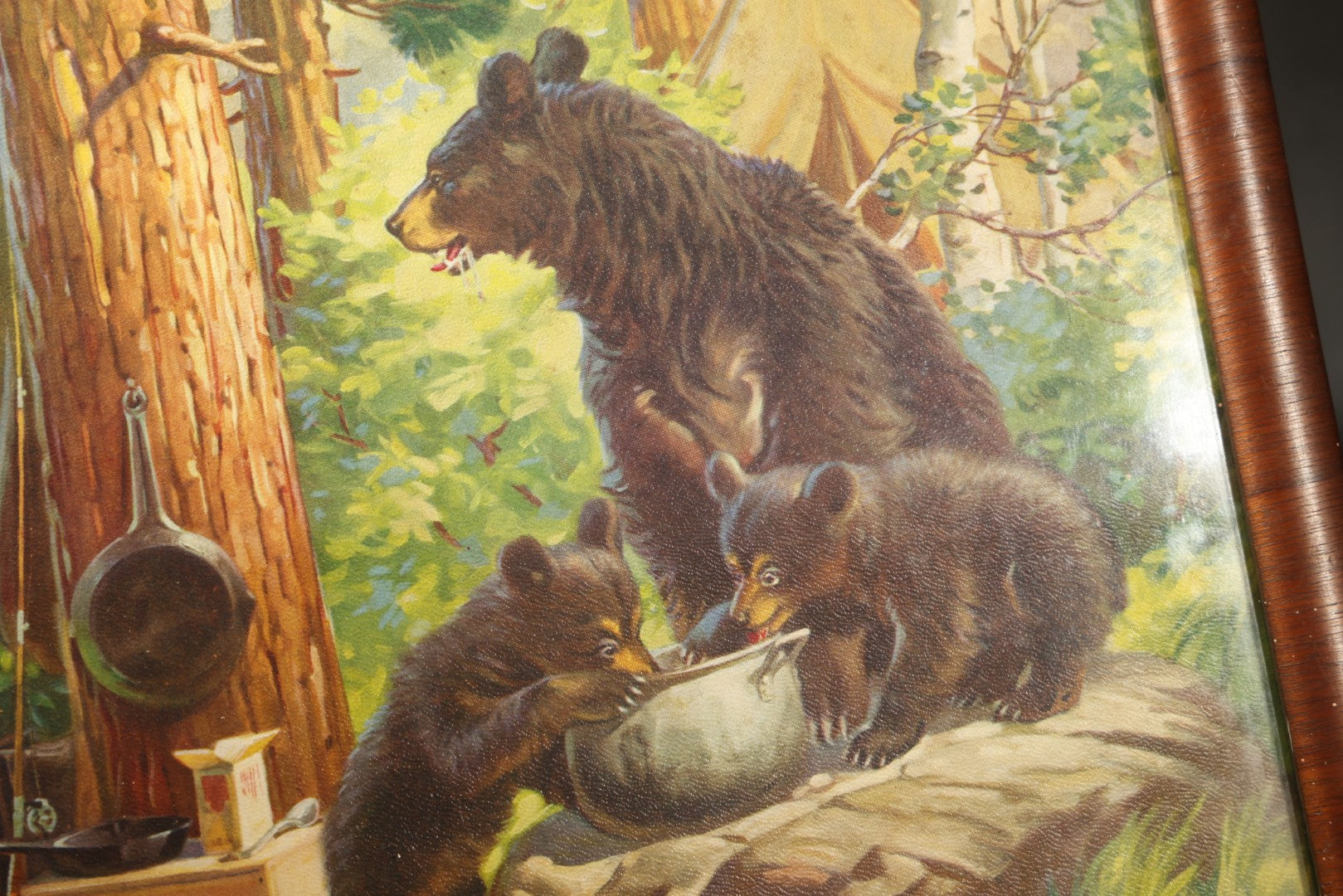 Vintage Chromolithograph Print, "Watching the Wrong Pot," Signed Watson, Framed, Bear Family Raiding a Campsite
