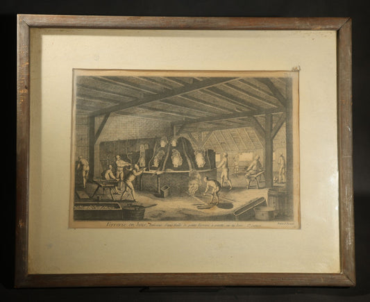 Antique French Engraving Print, "Verrerie En Bois" ("Wood Glassworks"), Interior of a Wood-Fired Glassblowing Workshop, Plate 13, Benard, Framed