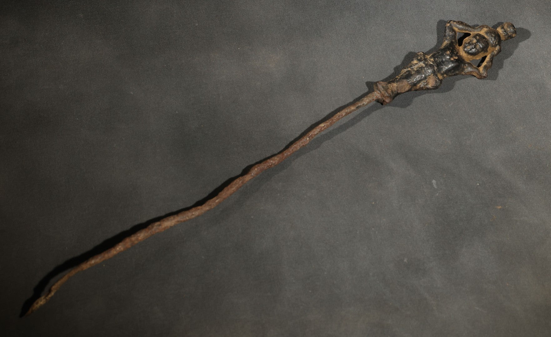 Antique Iron Figural Fire Tool or Hearth Implement Fragment, Cast Human Figure Terminal, Heavy Rust Throughout