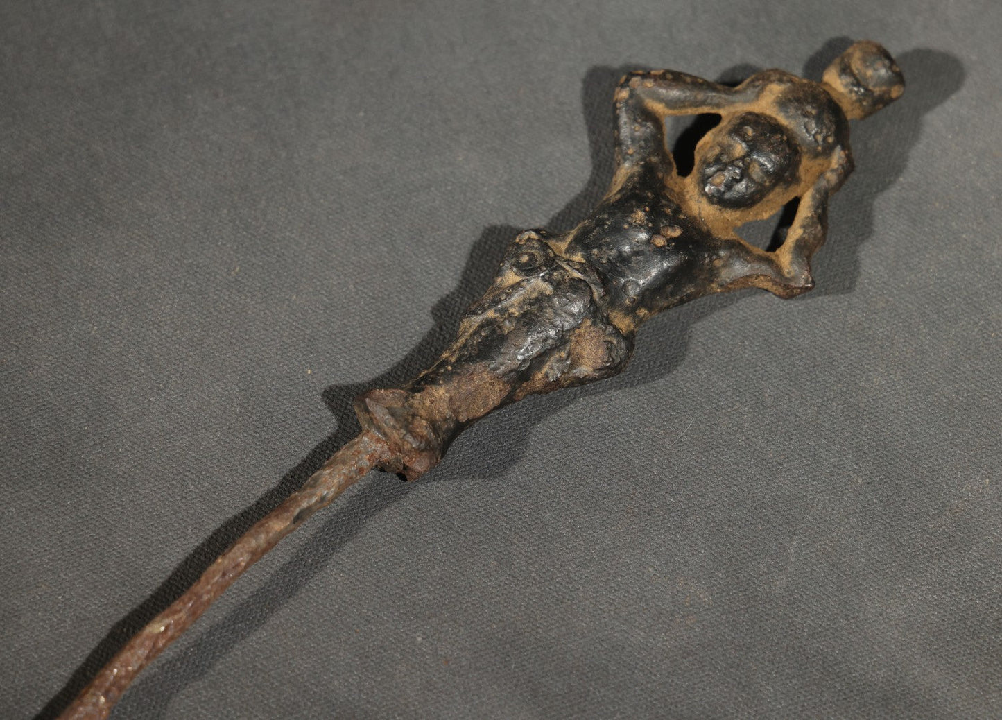 Antique Iron Figural Fire Tool or Hearth Implement Fragment, Cast Human Figure Terminal, Heavy Rust Throughout