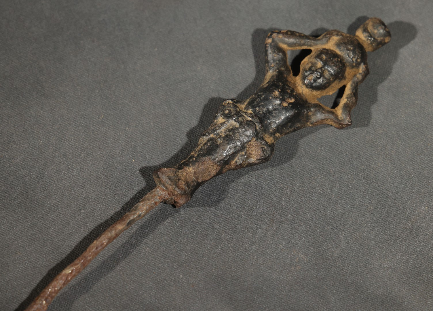 Antique Iron Figural Fire Tool or Hearth Implement Fragment, Cast Human Figure Terminal, Heavy Rust Throughout