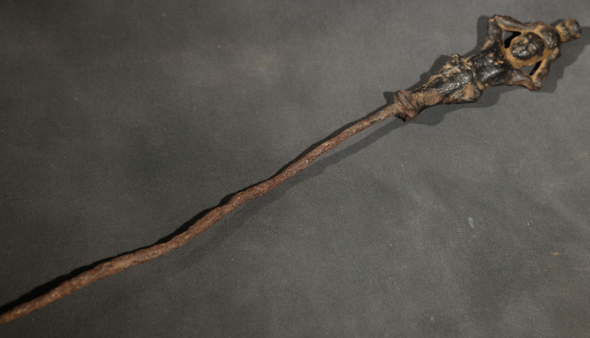 Antique Iron Figural Fire Tool or Hearth Implement Fragment, Cast Human Figure Terminal, Heavy Rust Throughout