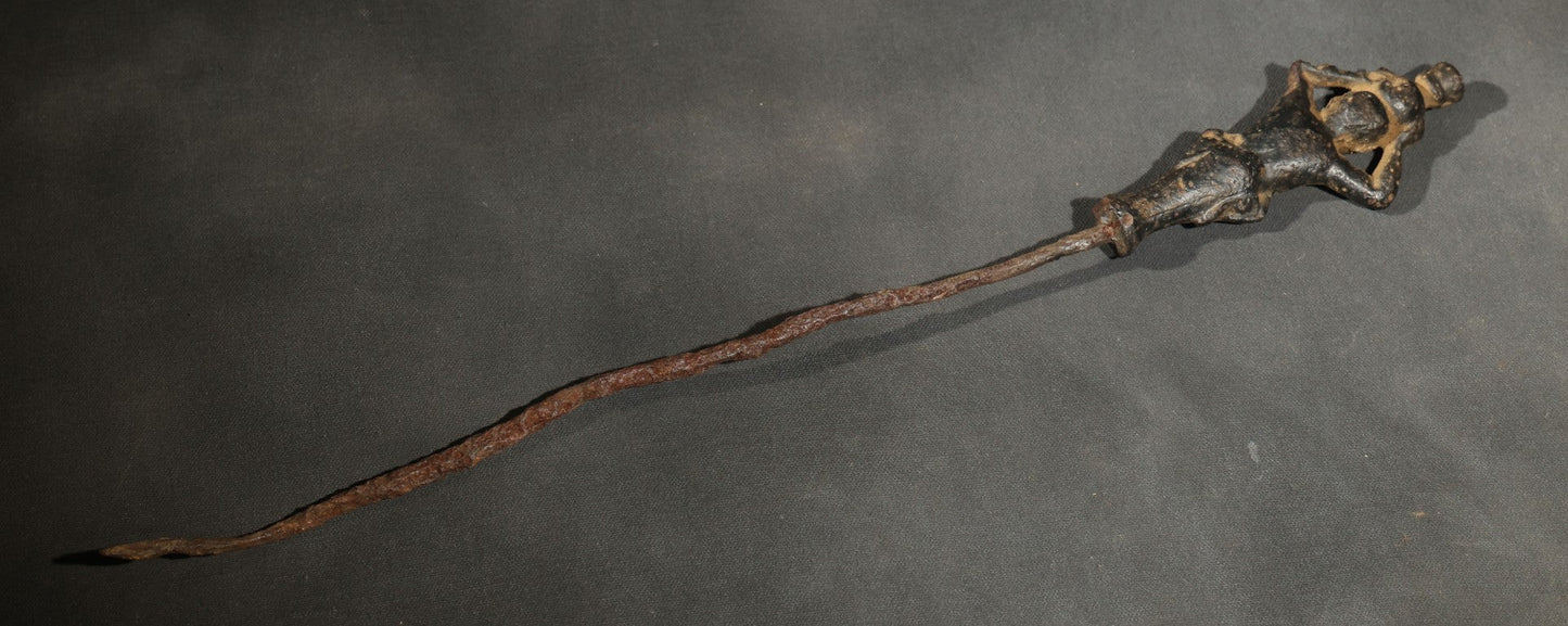 Antique Iron Figural Fire Tool or Hearth Implement Fragment, Cast Human Figure Terminal, Heavy Rust Throughout
