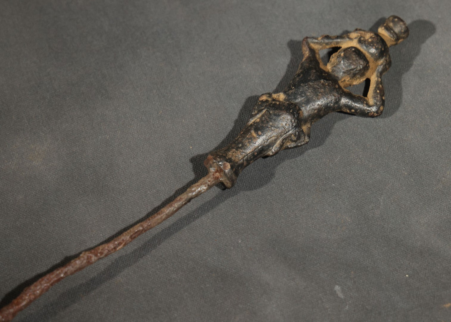 Antique Iron Figural Fire Tool or Hearth Implement Fragment, Cast Human Figure Terminal, Heavy Rust Throughout