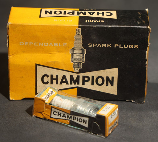 Vintage Champion Spark Plug Co. E-55 Spark Plugs, Complete Box of Ten in Individual Boxes, Champion Spark Plug Co., Toledo, Ohio