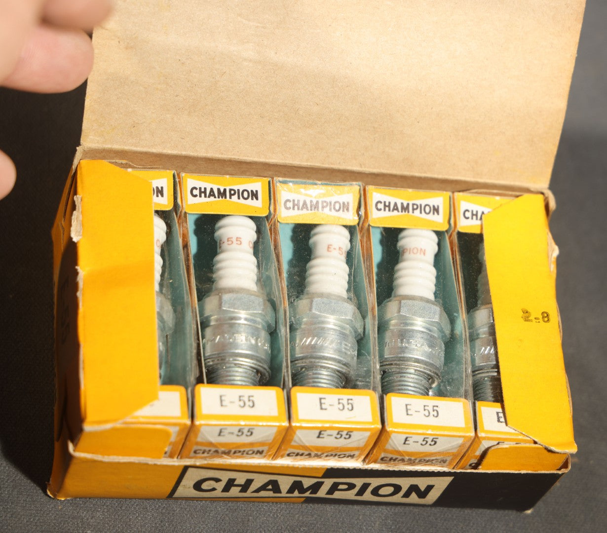 Vintage Champion Spark Plug Co. E-55 Spark Plugs, Complete Box of Ten in Individual Boxes, Champion Spark Plug Co., Toledo, Ohio