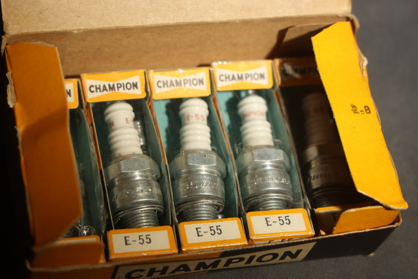 Vintage Champion Spark Plug Co. E-55 Spark Plugs, Complete Box of Ten in Individual Boxes, Champion Spark Plug Co., Toledo, Ohio