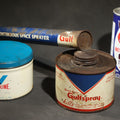 Lot 048 - Trio of Vintage Automotive and Household Advertising Tins Including Valvoline Grease Tin, Gulfspray Continuous Space Sprayer Insecticide Canister (16" L), and STP Oil Treatment Can