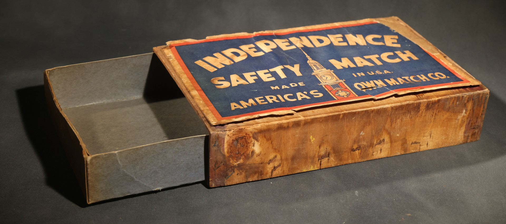 Vintage Independence Safety Match Large Wooden Slide Box, America's Own Match Co., Made in U.S.A., Empty