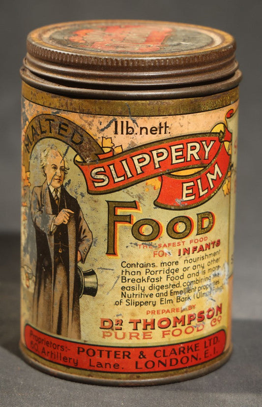 Antique Dr. Thompson's Malted Slippery Elm Food Tin, 1 Lb. Net, with Doctor Graphic, Potter & Clarke Ltd., 60 Artillery Lane, London