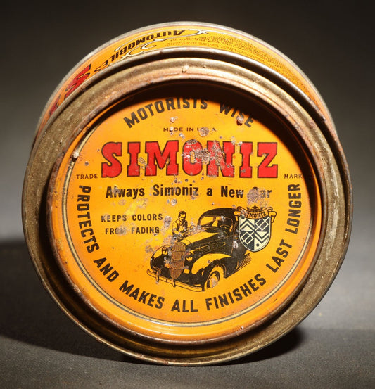 Vintage Simoniz Automobile and Furniture Wax Tin, 7 Oz., Lid with Period Automobile and Figure Graphic, the Simoniz Company, Chicago, Illinois