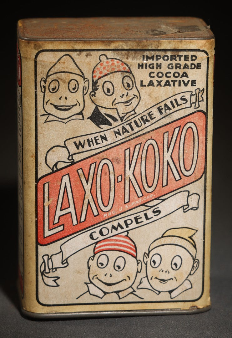 Vintage Laxo-Koko Imported High Grade Cocoa Laxative Tin, 7 Oz., with Comic Character Graphics, Laxo Products Co., New York