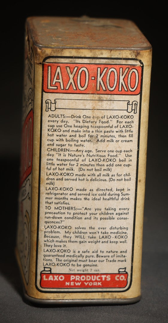 Vintage Laxo-Koko Imported High Grade Cocoa Laxative Tin, 7 Oz., with Comic Character Graphics, Laxo Products Co., New York