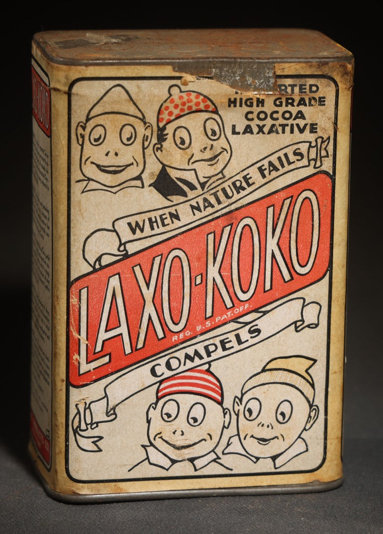 Vintage Laxo-Koko Imported High Grade Cocoa Laxative Tin, 7 Oz., with Comic Character Graphics, Laxo Products Co., New York