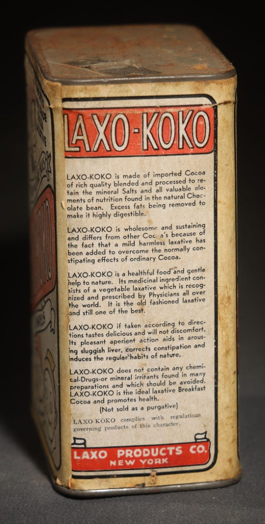 Vintage Laxo-Koko Imported High Grade Cocoa Laxative Tin, 7 Oz., with Comic Character Graphics, Laxo Products Co., New York