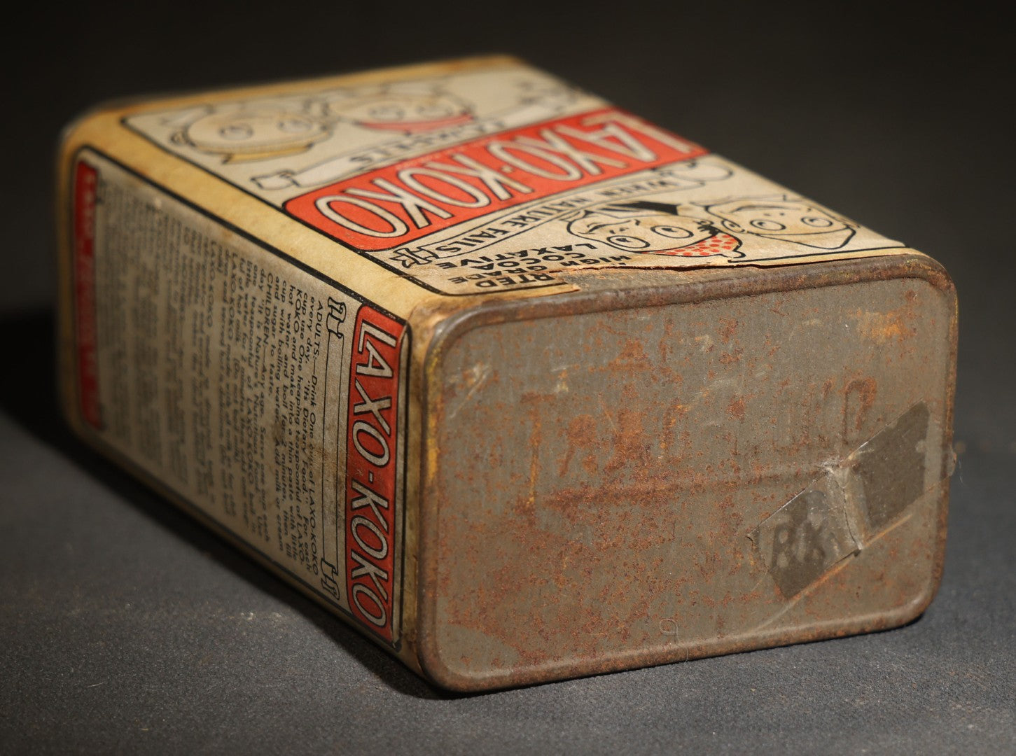 Vintage Laxo-Koko Imported High Grade Cocoa Laxative Tin, 7 Oz., with Comic Character Graphics, Laxo Products Co., New York
