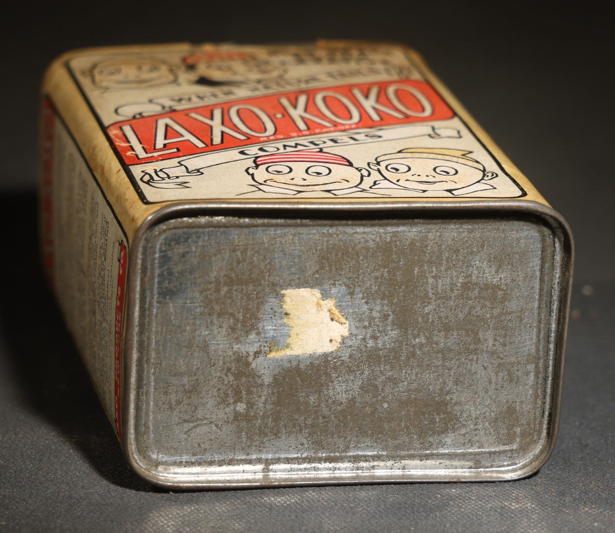 Vintage Laxo-Koko Imported High Grade Cocoa Laxative Tin, 7 Oz., with Comic Character Graphics, Laxo Products Co., New York
