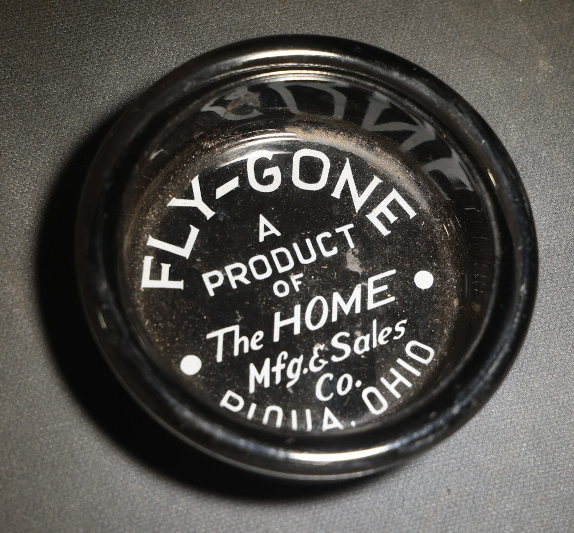 Vintage "Fly-Gone" Advertising Black Glass Fly Trap Dish, the Home Mfg. & Sales Co., Piqua, Ohio