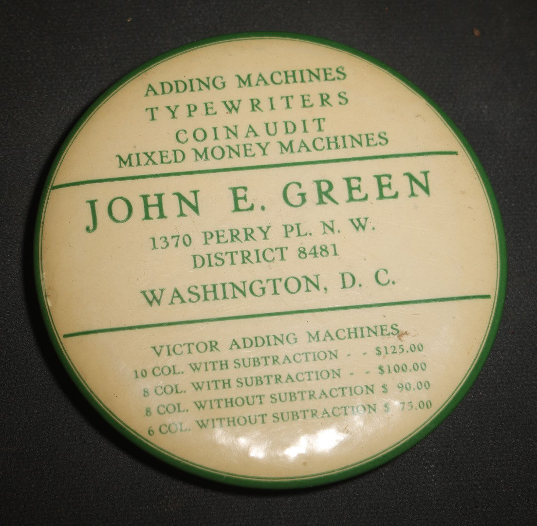 Antique Celluloid Advertising Pocket Mirror, John E. Green, Adding Machines, Typewriters, Coinaudit and Mixed Money Machines, Washington, D.C., Note Cracked Mirror