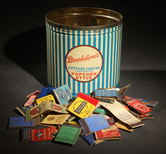 Vintage Breakstone Bros. Cottage Cheese Advertising Tin with Discovery Collection of Vintage Advertising Matchbooks Including Hotel St. Regis New York, Pippins Cigars, New China Cafe Vallejo California, and Others