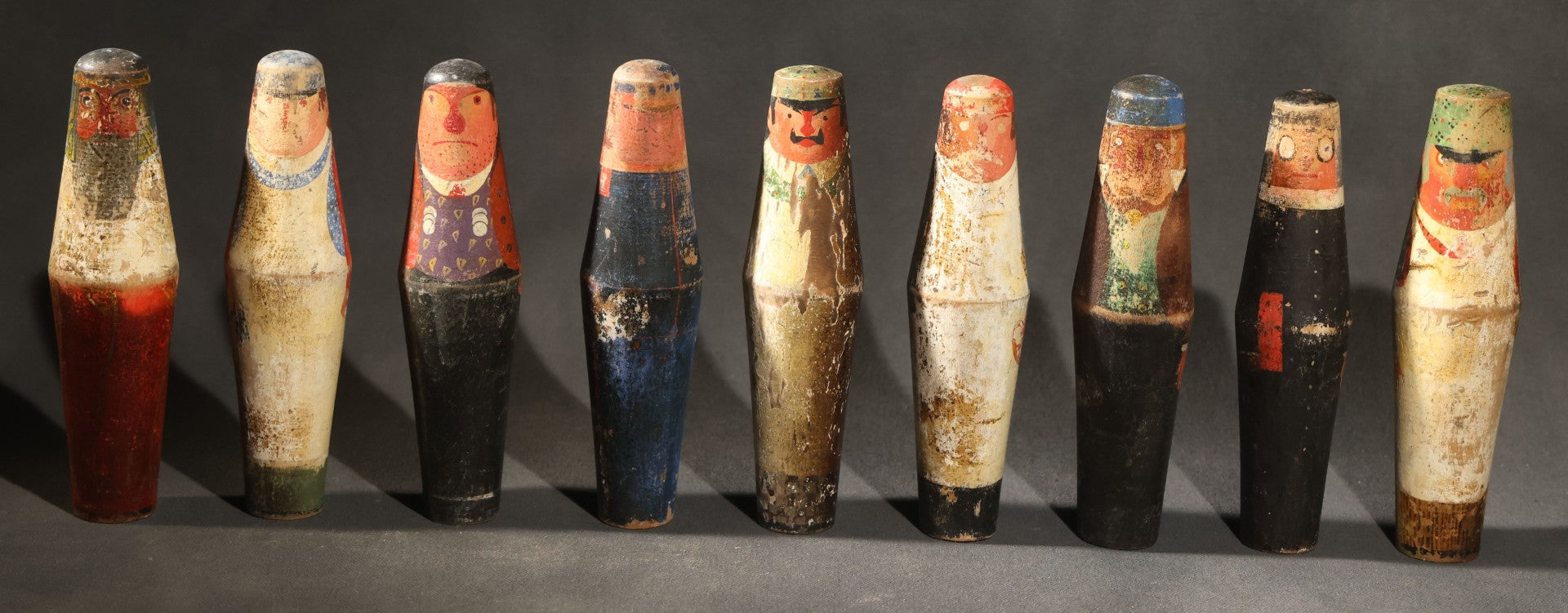 Vintage German Kegelspiel Nine-Pin Painted Wood Tabletop Bowling Game, Figural Professional Character Pins, Heavy Wear Throughout