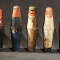 Lot 064 - Vintage German Kegelspiel Nine-Pin Painted Wood Tabletop Bowling Game, Figural Professional Character Pins, Heavy Wear Throughout, 6" H each