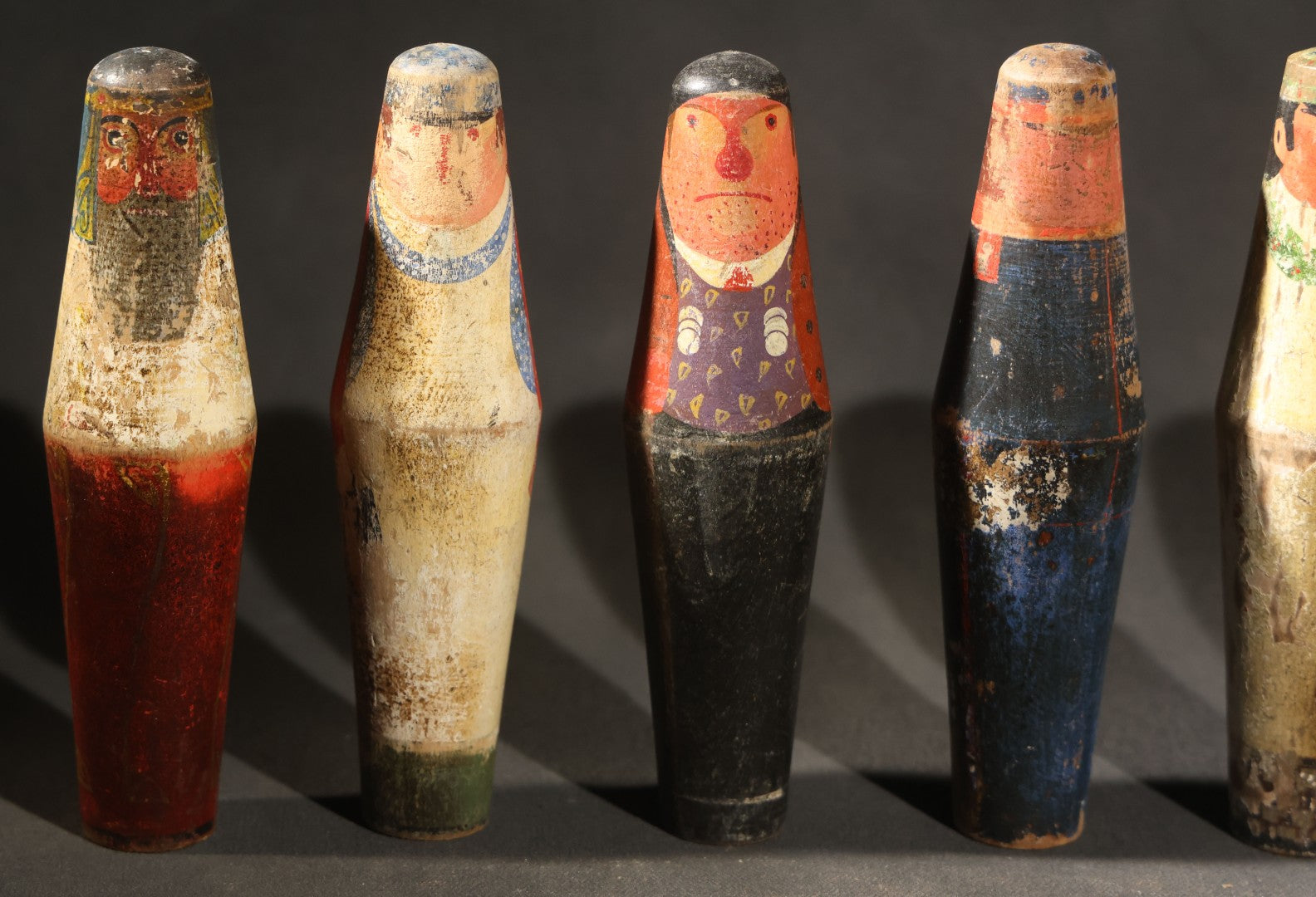 Vintage German Kegelspiel Nine-Pin Painted Wood Tabletop Bowling Game, Figural Professional Character Pins, Heavy Wear Throughout