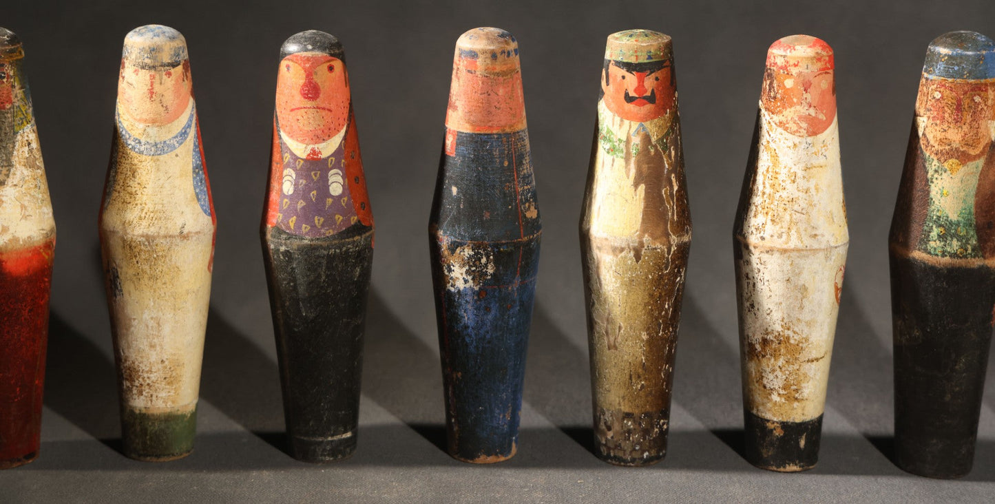 Vintage German Kegelspiel Nine-Pin Painted Wood Tabletop Bowling Game, Figural Professional Character Pins, Heavy Wear Throughout