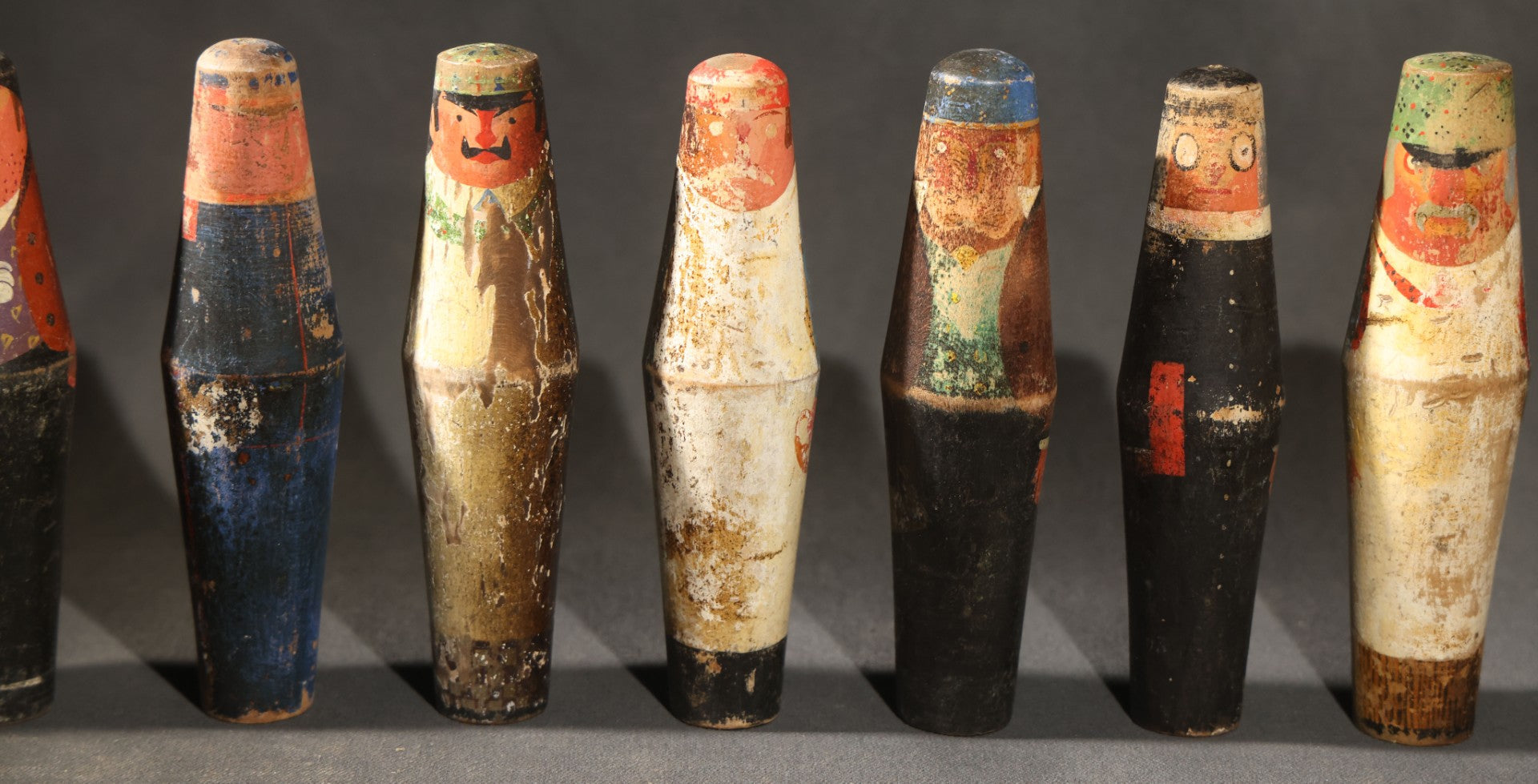 Vintage German Kegelspiel Nine-Pin Painted Wood Tabletop Bowling Game, Figural Professional Character Pins, Heavy Wear Throughout