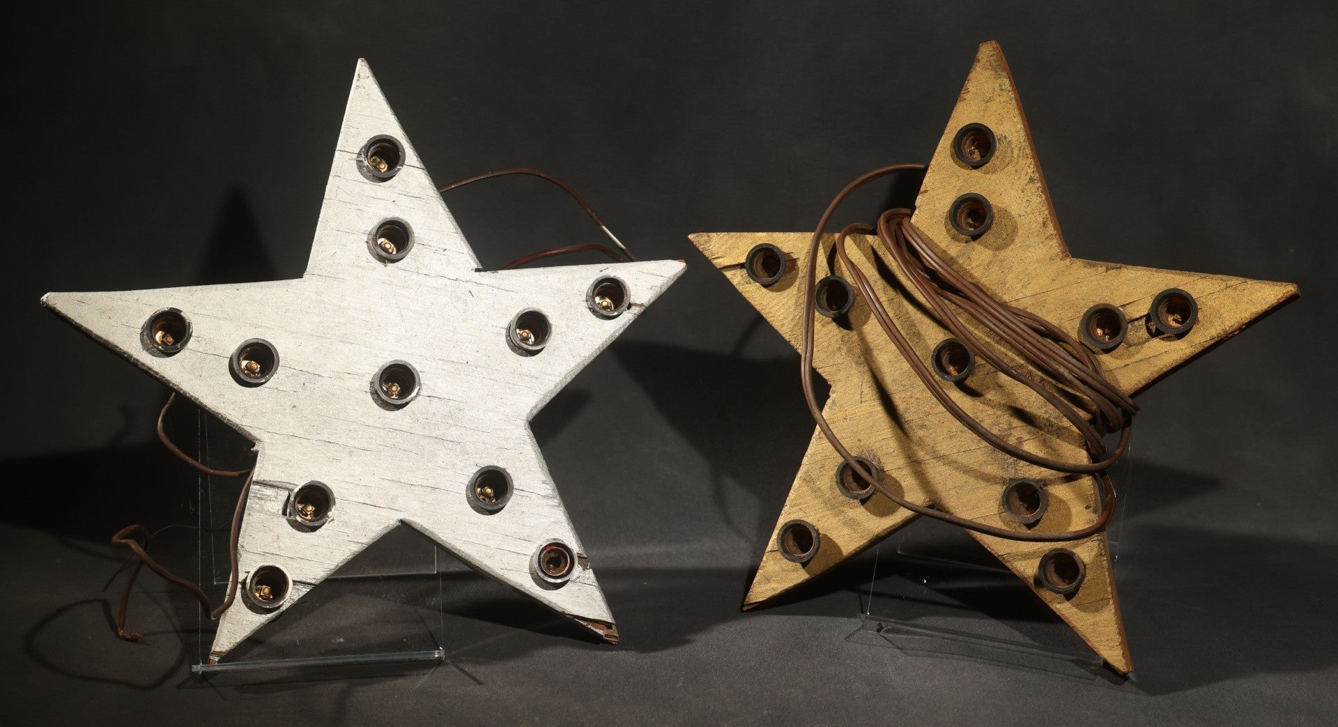 Pair of Vintage Painted Wood Five-Point Christmas Star Electric Display Lights, White and Gold, with Original Sockets, Not Tested, White Example Missing Plug