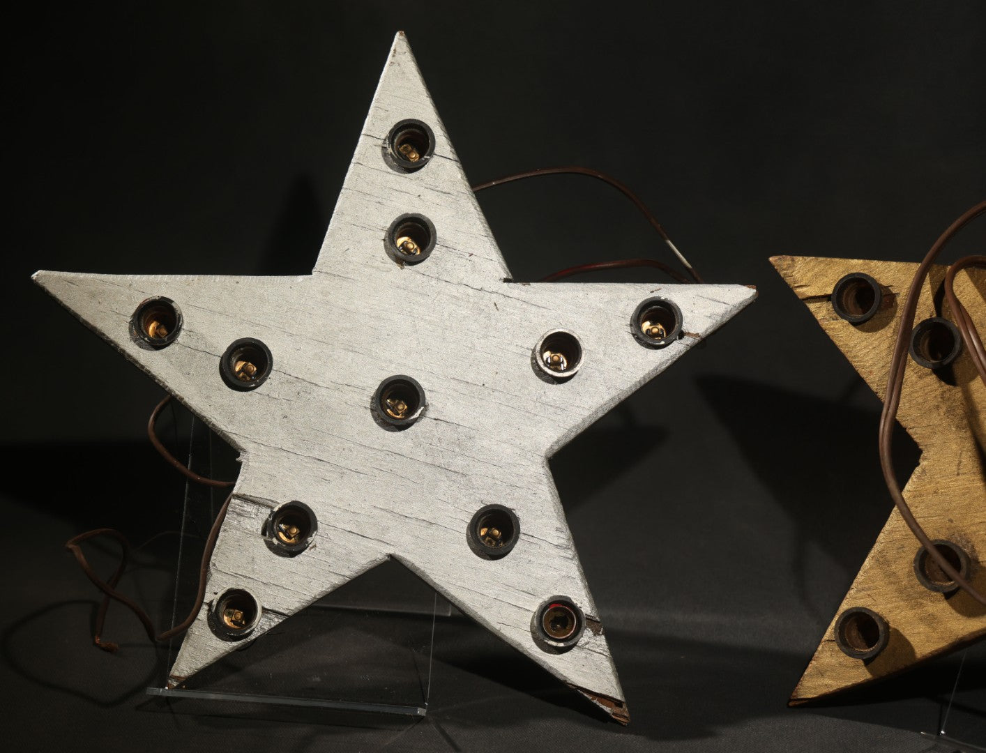 Pair of Vintage Painted Wood Five-Point Christmas Star Electric Display Lights, White and Gold, with Original Sockets, Not Tested, White Example Missing Plug