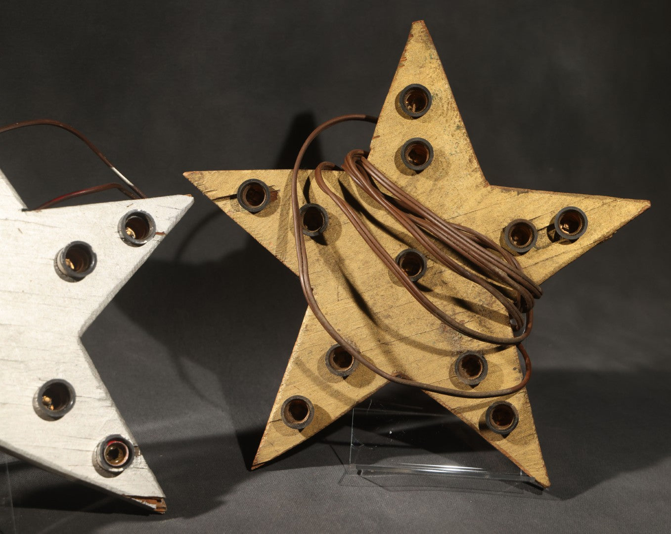 Pair of Vintage Painted Wood Five-Point Christmas Star Electric Display Lights, White and Gold, with Original Sockets, Not Tested, White Example Missing Plug